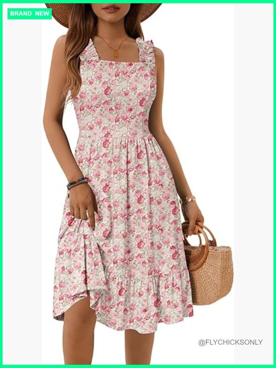 Dresses & Skirts - Summer Midi Dress with Elastic Straps Square Neck Flowy A-line Sundress